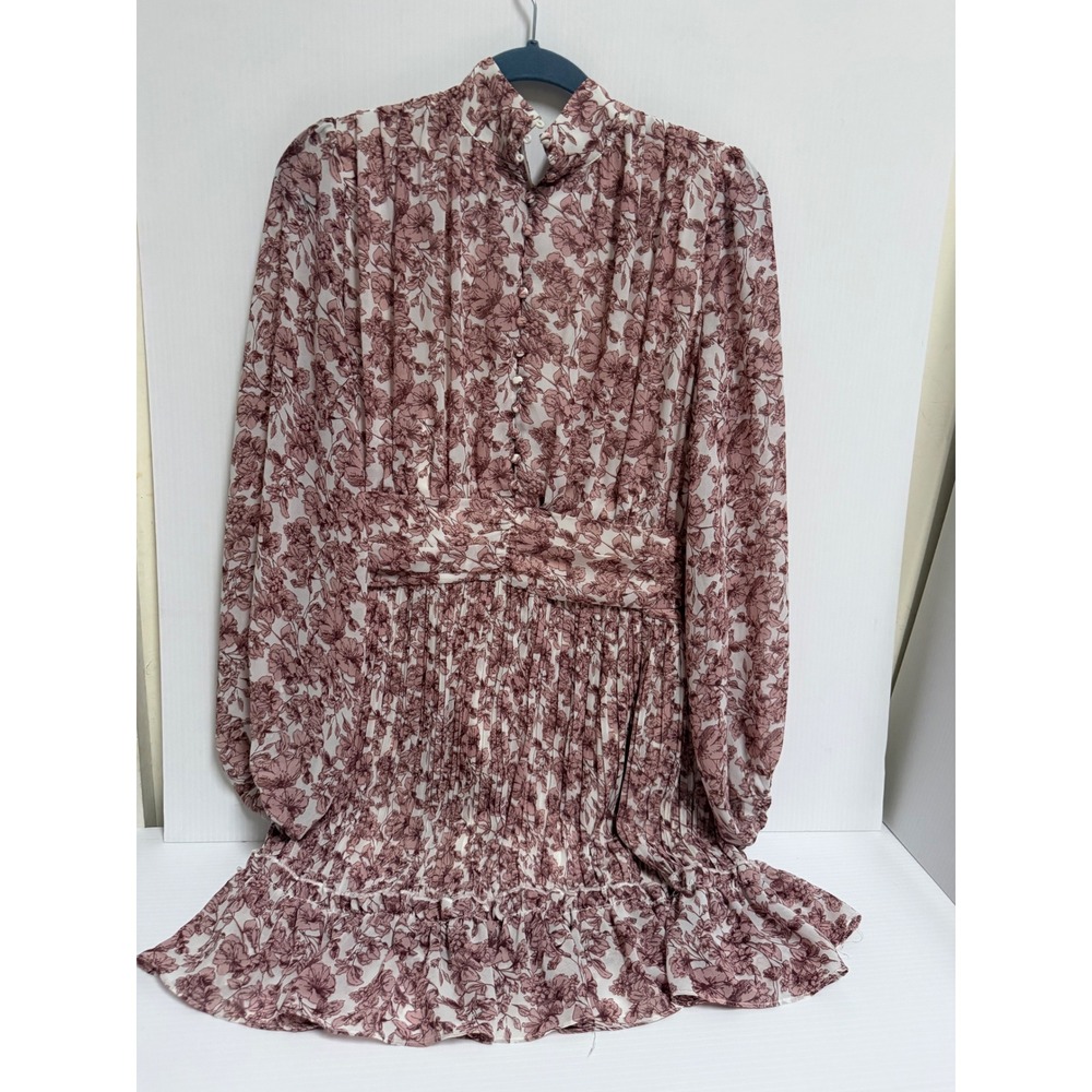 Ivy City Co Floral Mock Neck Pleated Mini Dress Mauve Pink Cream Small